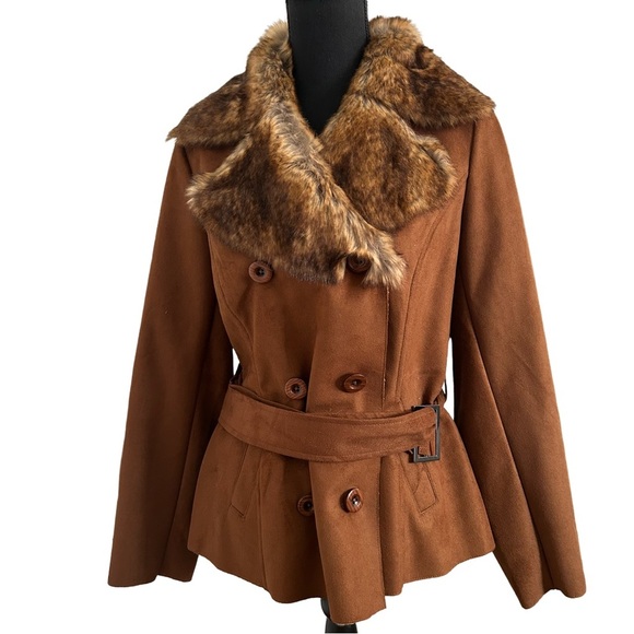 Chico's Tan Pea Coat with Faux Fur Collar. Chico’s Size 1 (8-10 Medium) - Picture 2 of 6